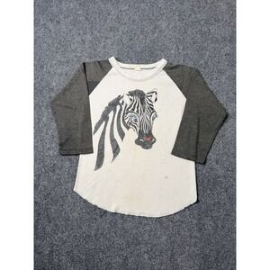Mens Raglan T-Shirt 80s Zebra Graphic Cream Gray 3/4 Sleeve, Size S